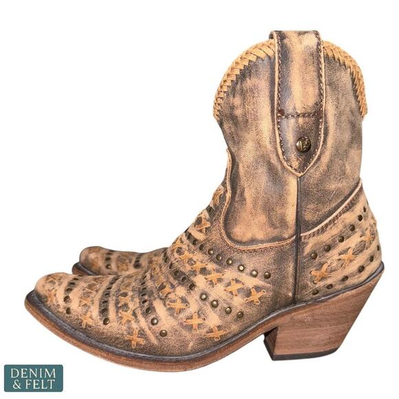 Liberty Black Vintage Canela Studded Leather Boots Brown Distressed Booties - Picture 6 of 16